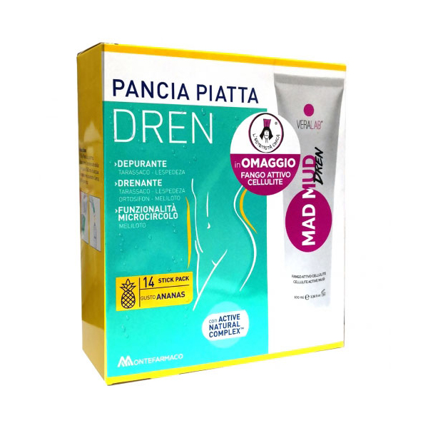 Farbene.shop | PANCIA PIATTA DREN ANANAS 14 BUSTINE STICK PACK + TORBA DRENANTE