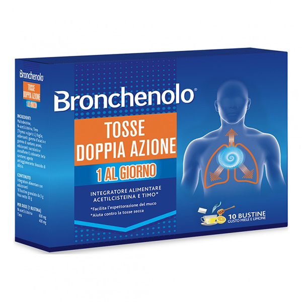 Farbene.shop | BRONCHENOLO TOSSE DOPPIA AZIONE - INTEGRATORE ALIMENTARE PER LE VIE RESPIRATORIE - 10 BUSTINE