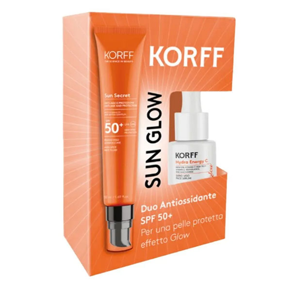 Farbene.shop | Korff Sun Glow con Fluido Viso Antimacchie SPF50+ e Siero Hydra Energy C