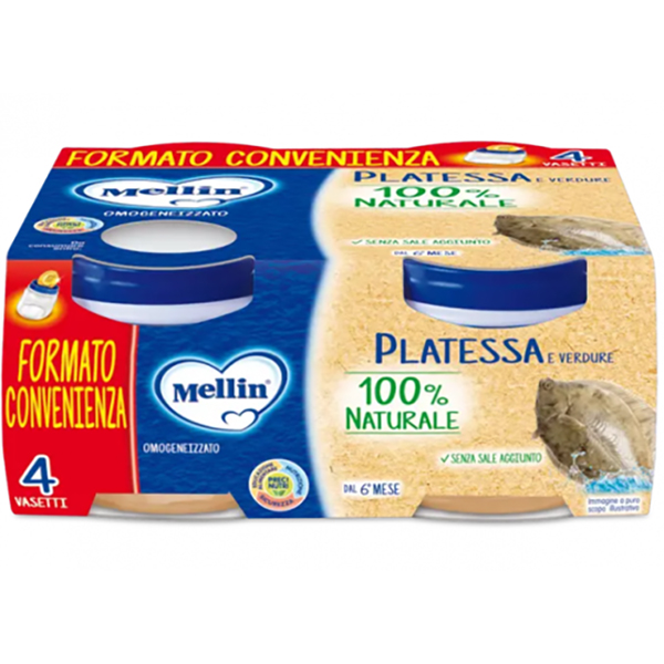 Farbene.shop | Mellin Omogeneizzato Platessa e Verdure 6M+ 4x80g